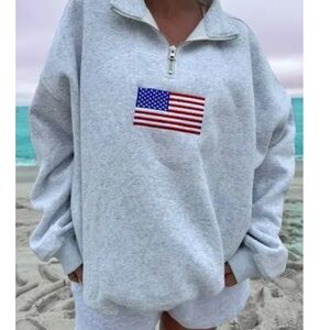 Classic Gray Quarter-Zip Sweatshirt with Flag Detail